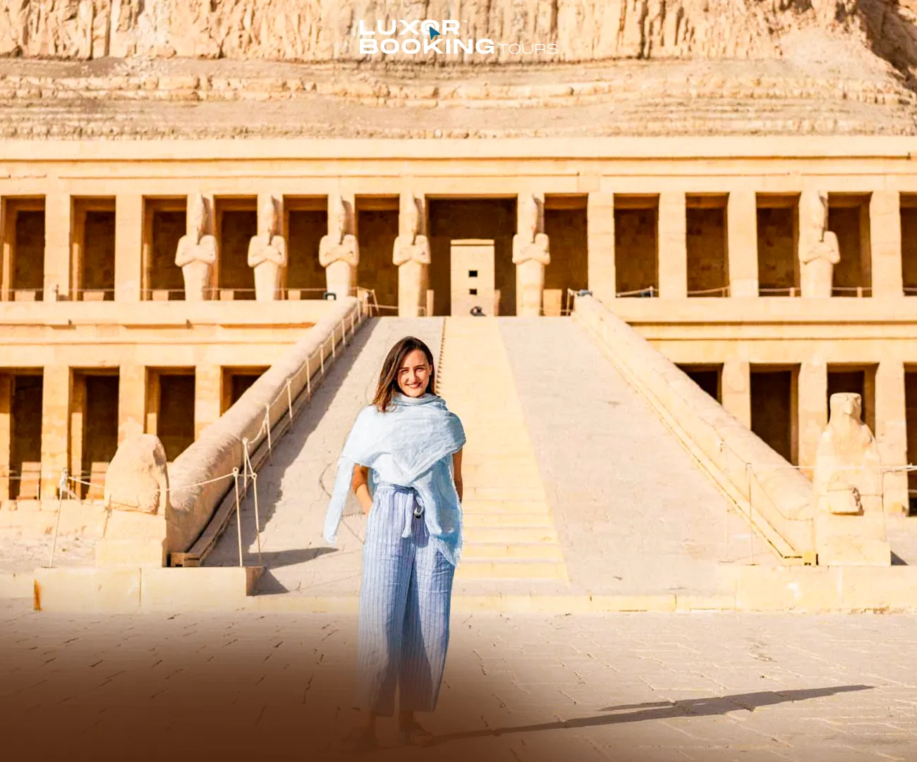 Terraced structure of Queen Hatshepsut’s temple against desert cliffs
