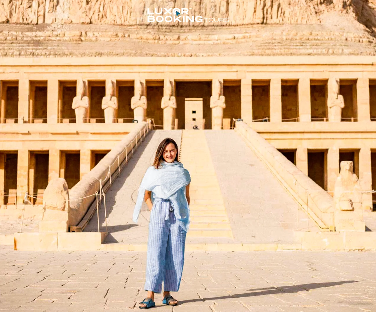 Terraced structure of Queen Hatshepsut’s temple against desert cliffs