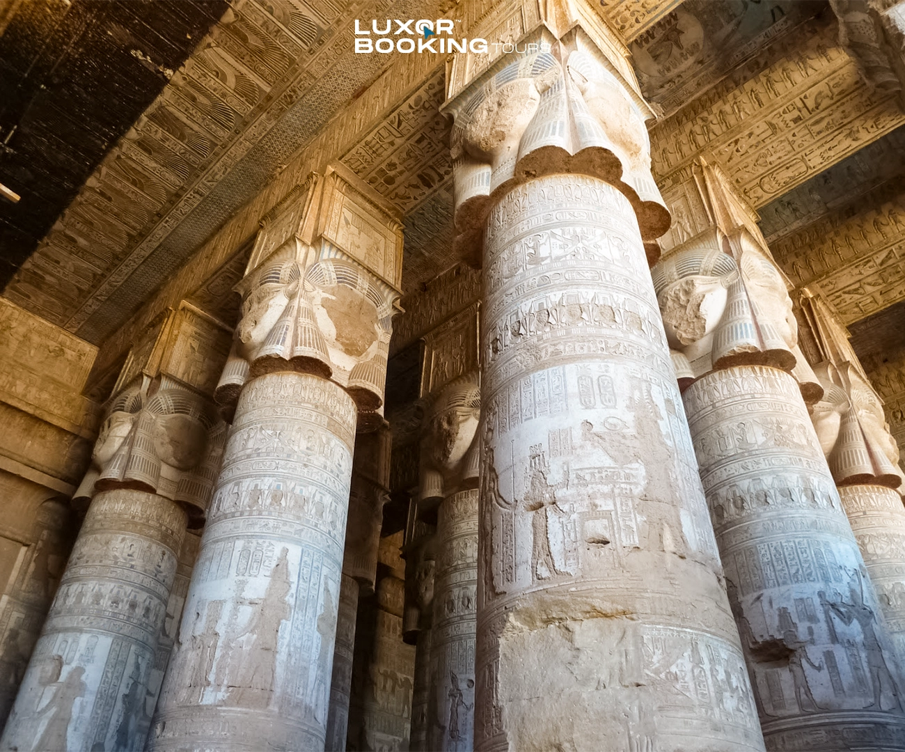 dendera temple ceiling carvings with detailed ancient egyptian art