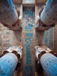dendera temple ceiling carvings with detailed ancient egyptian art