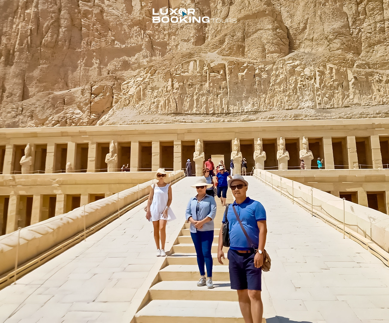 luxor temple during sunrise compared to bright afternoon atmosphere